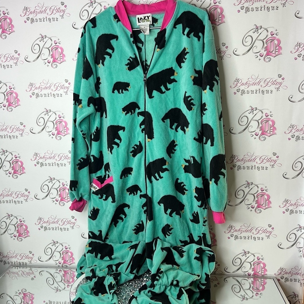Lazy One onsie Teal and Black Bear Pajama one piece jumper pants zip down & flap